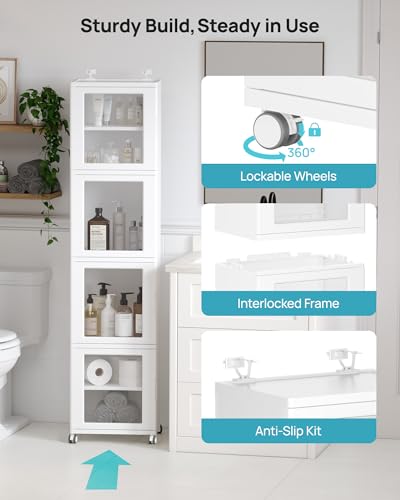 Vtopmart 63.2" Tall Slim Bathroom Storage Cabinet with 4 Adjustable Shelves and 4 Doors, Freestanding Narrow Cabinets Organizer with Wheels and Anti-tip for Laundry, Kitchen, Pantry, White