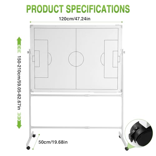 Double-Sided Soccer Coaching Board Height Adjustable Dry Erase Whiteboard with Wheels 360 Degree Reversible Soccer Tactics Board with Magnets Pen & Eraser for Teaching Training