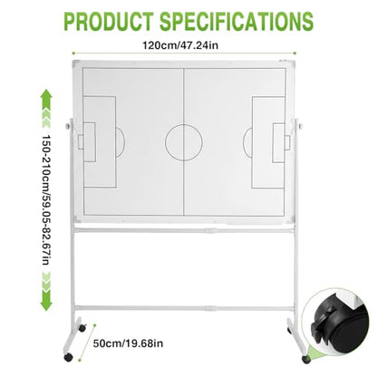 Double-Sided Soccer Coaching Board Height Adjustable Dry Erase Whiteboard with Wheels 360 Degree Reversible Soccer Tactics Board with Magnets Pen & Eraser for Teaching Training