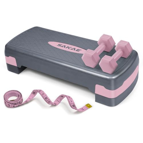 Adjustable Height Aerobic Stepper Set, Multiple Bundle Options with Dumbbells, Kettlebell, Waist Trimmer, Ankle Weights or Weighted Vest, Workout Exercise Step Platform w/Level Risers, 4 Colors - color: Pink Grey, size: a. W/ Dumbbells