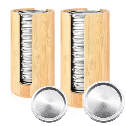 2 Pack Mason Jar Lid Organizer, Bamboo Lid Holder for Wide & Regular Mouth Canning Lids & Rings, Compact Space-Saving Rack for Kitchen Countertop & Cabinet, Holds 10–12 Lids