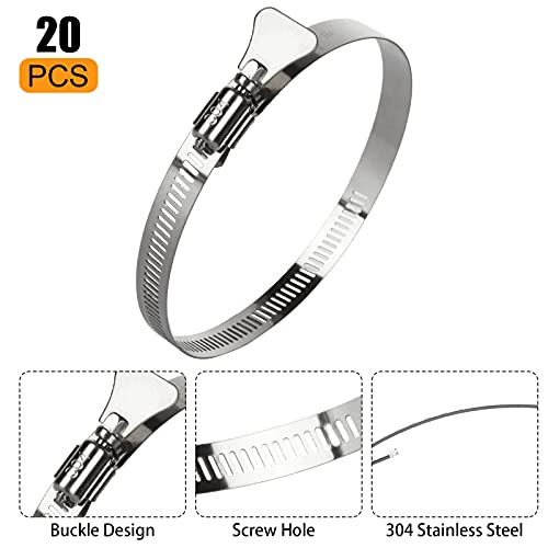 ZOEYES 20 PCS Stainless Steel Duct Clamps, 4 Inch Hose Clamps, Adjustable 91-114mm (3.5 inch to 4.5 inch) Range Air Ducting Clamp, 9mm (0.5 inch) Bandwidth Worm Clamp, Worm Drive, Worm Gear