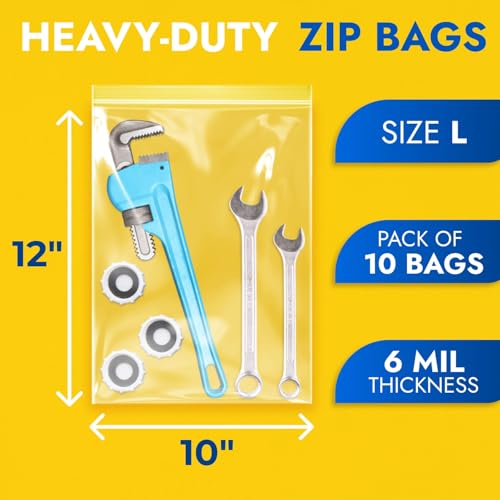 10" x 12" Reclosable Plastic Zip Bags, Pack of 10, 6 Mil Heavy-Duty Clear Poly Bags, Resealable for Food, Clothes, Hardware, Jewelry - size: 10"W x 12"H
