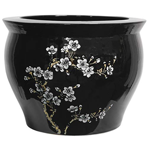 Classic Japanese Chinese Asian Ceramic Planter - 14" Plum Blossoms on Black Porcelain Pottery Fishbowl Jardiniere