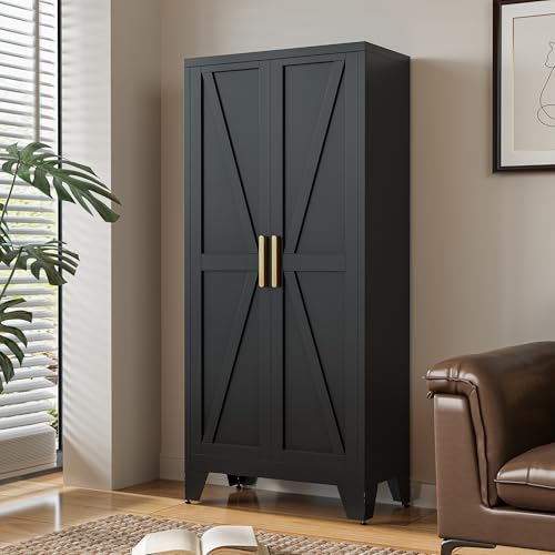 61" Tall Metal Storage Cabinet with 2 Doors and 3 Adjustable Shelves, 4-Tier Kitchen Pantry Storage Cabinet for Kitchen, Living Room, Dining Room and Office, Black