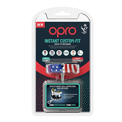 OPRO Instant Custom-Fit Mouthguard – Dentist Level Gum Shield Adult and Kids – OPRO Mouth Guard Boxing and MMA, Self-Fit Gum Shield Rugby – Maximum Protection with Dental Warranty (Black/Gold/Gold) - color: Usa, size: Adult (10+)