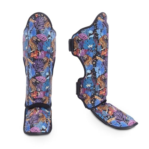 Top King New Pro Leather Shin Guards for Muay Thai - color: Black- Wild Tiger, size: Medium