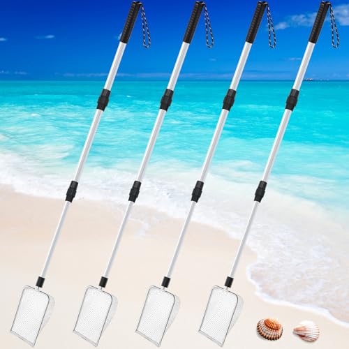 4 Pcs Beach Sand Sifter Set, Adjustable Long Handle Shell Scoop, Shark Tooth Sifter Mesh Shovel for Family Seashell Collecting, Sea Glass Hunting and Beach Treasure Fun - color: Gray, size: 22-42 Inch, style: Square