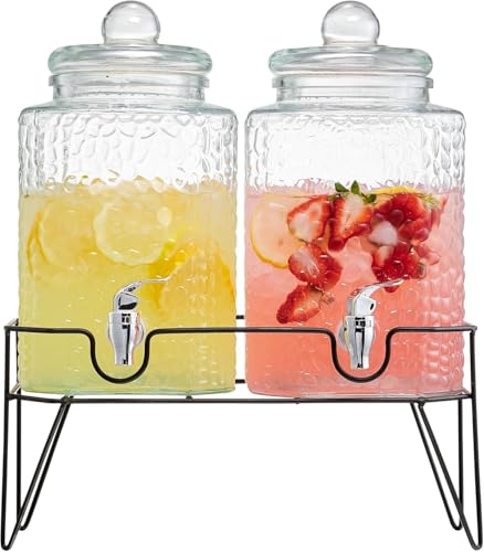 Style Setter Premium Glass Drink Dispensers with Metal Stand for Parties – Beverage Dispenser Set for Cold Drinks, Lemonade, Cocktails, Juice – Party Glass Drink Dispenser Station - 1.5 Gal, Set of 2 - color: Double w/ Stand + Accessories, size: 1.5 Gallo