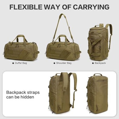 3-in-1 Tactical Gym & Travel Duffle Bag Backpack Men Multi-Functional 45L Military Sports Duffle Bag with Shoe Compartment & Wet Pocket for Workout Weekender Overnight Bag with Molle Webbing, Brown - color: Brown