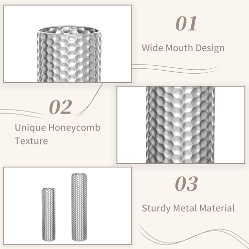 Sziqiqi Silver Tall Floor Vase: 27.6/21.7in Metal Cylinder Vases Extra Large Decorative Vase Set of 2 Living Room Modern Honeycomb Texture Big Standing Decor for Dining Bedroom Home Corner Indoor