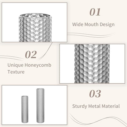 Sziqiqi Silver Tall Floor Vase: 27.6/21.7in Metal Cylinder Vases Extra Large Decorative Vase Set of 2 Living Room Modern Honeycomb Texture Big Standing Decor for Dining Bedroom Home Corner Indoor