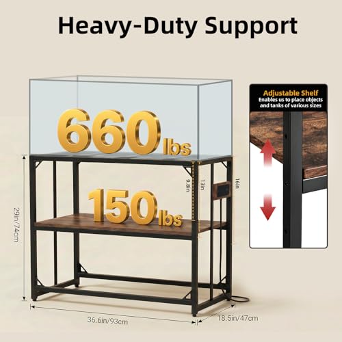 40 Gallon Tank Stand with Power Outlets - Heavy Duty Metal Fish Tank Stands for Turtle Reptile Terrarium, 2-Tier Aquarium Stand with Adjustable Wood Storage Shelf, 660LBS Capacity (Rustic Brown, 36.6"x18.5"x29")