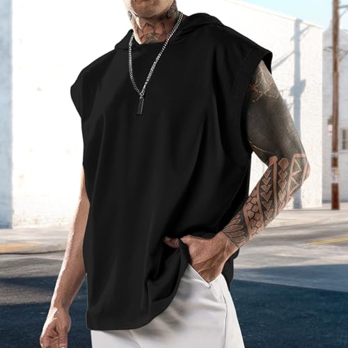 domirica Mens Relaxed Hooded Tank Tops Abstract Print Crewneck Casual Breathable Summer Fitness Sleeveless Shirt - color: Black, size: Large