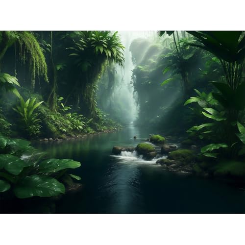 Jungle Aquarium Background Stream River Foggy Rainforest Terrarium Background Waterfall with Lush Green Jungle Plants Fish Tank Background Tranquil Natural Jungle Forest Aquarium Backdrop 24x16in - color: Tree Green, size: 24(W)x16(H)in
