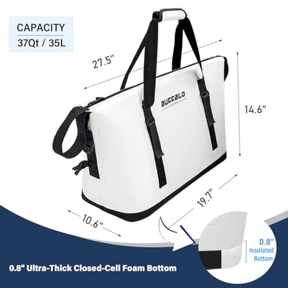Buffalo Gear Fish Cooler Bag – 37Qt Seamless Insulation Fish Kill Bag, Keeps Ice Cold Up to 36 Hours, Foldable & Waterproof with Rod Attachment Straps & Gear Loops, White - color: White-37QT