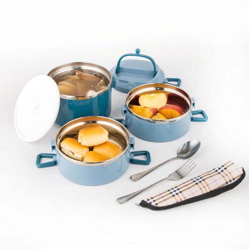 3 Tier Stackable Stainless Steel Lunch Box Sealed(blue, 3 layers) with spoon and fork - color: Blue, size: 3 layers