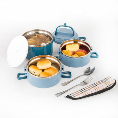 3 Tier Stackable Stainless Steel Lunch Box Sealed(blue, 3 layers) with spoon and fork - color: Blue, size: 3 layers