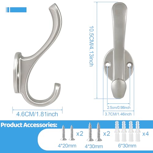 8 Pack Coat Hooks Wall Mount Heavy Duty Utility Retro Double Hooks for Hanging Coats,Hat, Towel, Key, Robe, Scarf, Bag, Cap (Silver) - color: 8 Pack-Silver