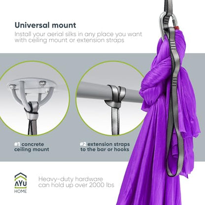 AyuHome Aerial Silks Yoga Swing Aerial Hammock Kit for Home | Premium aerial silks yoga swing kit with rigging hardware for aerial yoga, gymnastics, and home fitness - color: Aerial silk - Purple New