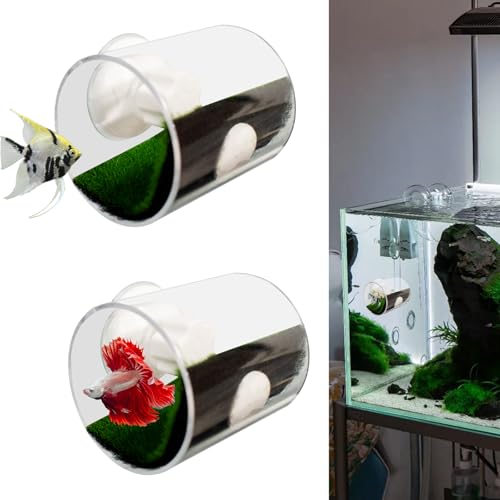 2PCS Acrylic Tube Tunnel - Betta Fish Toys, Hollow Cave with Grass Pad, Shrimp Hideout, Floating Fish Tank Decoration