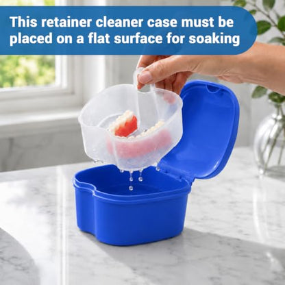 Denture Cup Dental Retainer Case Cleaning with Strainer Basket, Orthodontic Bath Box Mouthguard Storage Soaking Holder - Dark Blue - color: Dark Blue