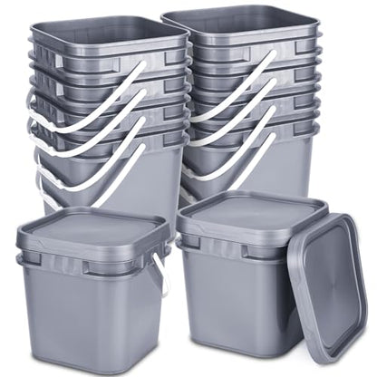 10 Pcs 2.2 Gallon Square Bucket with Lid Food Grade Plastic Bucket 10L Utility Industrial Pail with Handle Container for Food Oil Tub Water Fishing Paint House Cleaning Car Washing(Gray)