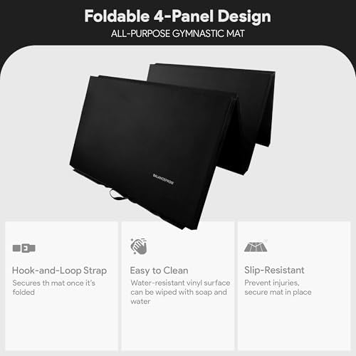 BalanceFrom 6x4 Feet 4-Panel Folding Gymnastics Mat – 2-Inch Thick Pad with Vinyl Surface and Carrying Handles for Tumbling, Yoga, Pilates, Home Workouts, and Martial Arts - color: Black