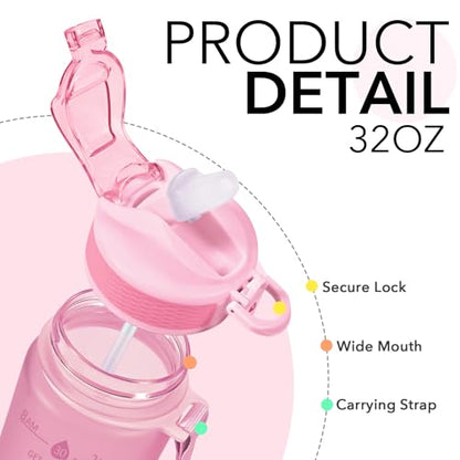 Hyeta Plastic Water Bottle With Straw & Time Marker, 32oz Leakproof Jug - color: Matte Pink