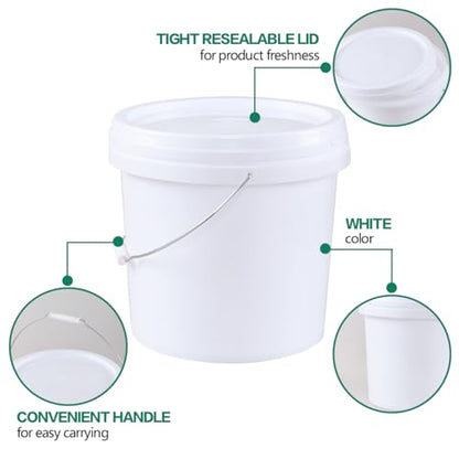 4-Gallon White Bucket Pail Container with AirTight Lid, Food Grade All Purpose Bucket with Metal Handle, BPA Free, 4 Packs