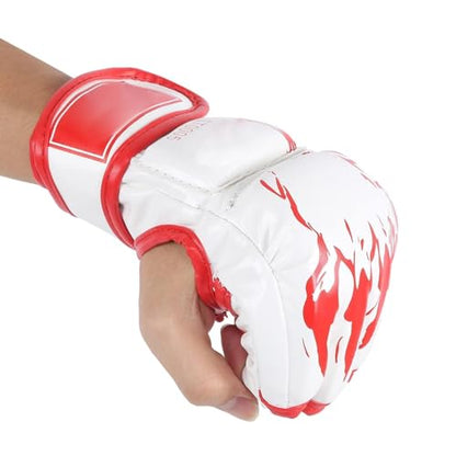 HERCHR MMA Gloves, Professional MMA Fingerless Gloves PU Leather Punching Bag Sanda Boxing Gloves for Punching Bag Sparring Muay Thai Karate - color: white red