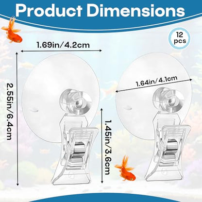12 Pcs Aquarium Suction Cup Clips Set - Transparent Small Suction Cups with Clips, Multi-Functional Aquarium Plant Holder and Veggie Seaweed Plant Suction Cup Clip