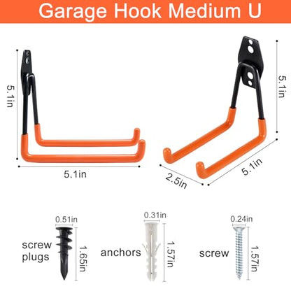 AOBEN Garage Hooks Heavy Duty, Steel Garage Storage Hooks, Utility Tool Hangers and Combinable Wall Mount Garage Hooks for Organizing Ladder, Hold Chairs, Heavy Tools (Medium U, 4 Pack) - size: 4 X Medium U hooks