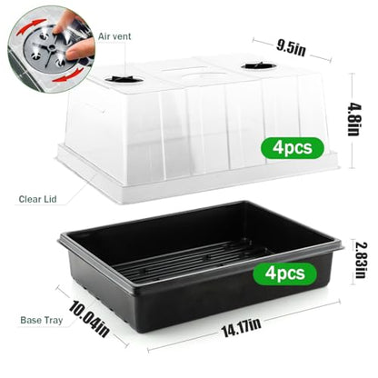 RooTrimmer 4-Pack Seed Starter Trays with 5'' Tall Humidity Domes – Reusable Plant Germination Kit for Microgreens, Herbs & Indoor Gardening | Clear Vented Lids, Fast Seedling Growth & Durable Design