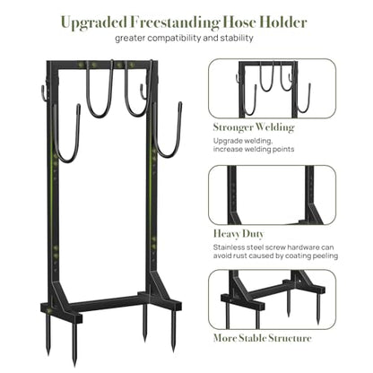 Garden Hose Holder, Metal Freestanding Hose Stand with 4 Spikes, Holds up to 150FT Hose, Sturdy Hose Reel Alternative, Heavy Duty Hose Storage for Outside Yard Lawn - color: Black-double