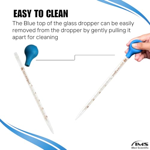 Multipurpose Glass Pipettes Droppers, 2ml Graduated, Blue Rubber Head, Straight-Tip Calibrated Thick Glass to Transfer Fluid, Liquids, Essential Oils, Accurate Easy Dose & Measurement - 8" Long