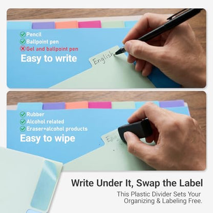 8 Tabs Durable Plastic Write & Erase Large Tabs Dividers for 3 Ring Binders, Rectangle Binder Dividers with Sticker for Study, Teacher, Office, Home Organizers (Multi A, 3 Set (24 Tab))