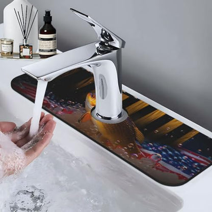 Wood American Flag Fish Kitchen sink faucet pad, strong water absorption, anti slip, easy to clean, very suitable for splash and drip prevention, suitable for kitchens and bathrooms
