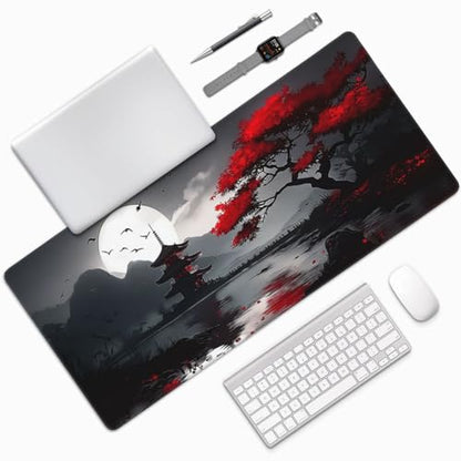 Gaming Mouse Pad 35.4 x 15.7 Inch, Large Extended Desk Mousepad with Oriental Landscape Moon Design, Water-Resistant Surface, Stitched Edges, Non-Slip Rubber Base Desk Mat for Gaming & Office - color: Oriental Landscape Moon