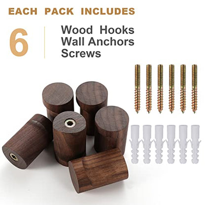 bsdonte Wood Wall Hooks 6 Pack, Natural Wooden Coat Hooks Wall Mounted, Handmade Rustic Hat Hooks Heavy Duty Entryway Wall Hangers for Hanging Towels, Clothes, Bags (Black Walnut Wood) - color: Walnut, size: 6 Pack