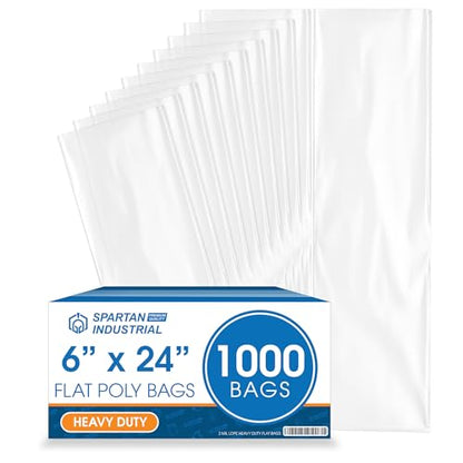 6" X 24" Open-End Flat Poly Bags (1000 Count) - 2 Mil Clear Heat-Sealable Plastic Bags for Packaging, Shipping, Storage - No Adhesive Strip - Spartan Industrial - size: 6" X 24"