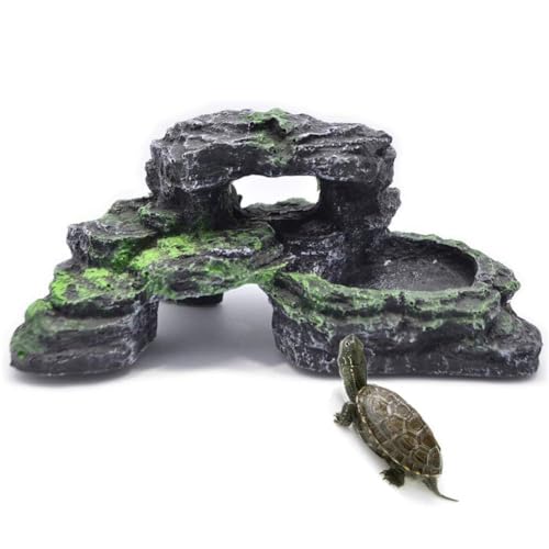 Reptile Hide Resin Turtles Dock for Aquarium (Size: 7.1 x 4.7 x 2.7 inches), Turtle Basking Platform for Small Size Snake Crested Gecko Lizard Frogs Newts