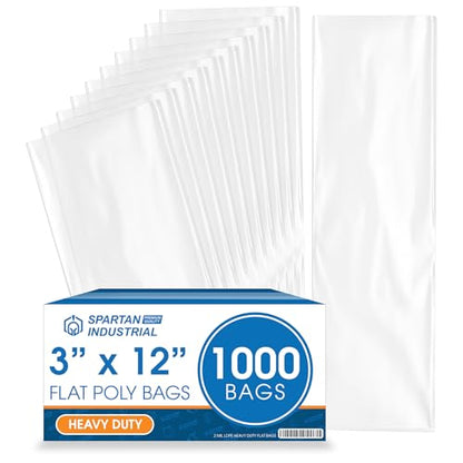 3" X 12" Open-End Flat Poly Bags (1000 Count) - 2 Mil Clear Heat-Sealable Plastic Bags for Packaging, Shipping, Storage - No Adhesive Strip - Spartan Industrial - size: 3" X 12"