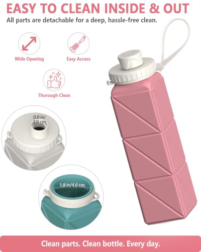 BEAUTAIL Collapsible Water Bottles 21oz/610mL, Silicone Travel Water Bottle | BPA Free, Leakproof & Reusable, Foldable Water Bottle for Traveling, Hiking, Gym, School, Sports, Outdoor, 1-Pack, Pink - color: Pink