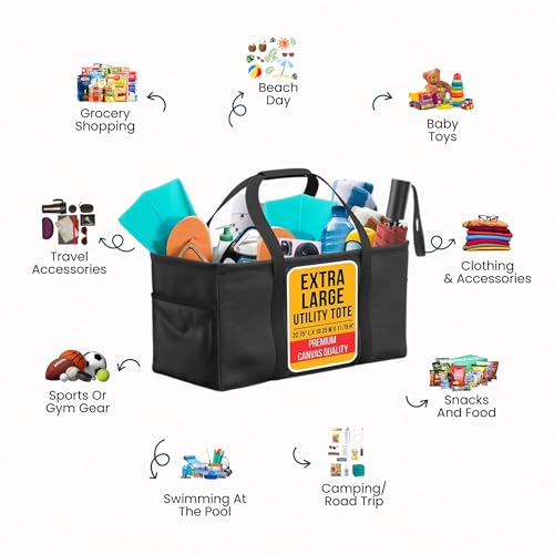 Extra Large Utility Tote Bag - Oversized Collapsible Large Beach Bag, Great for Pool with Sturdy Frame, Extra Side Pockets and Tons of Storage
