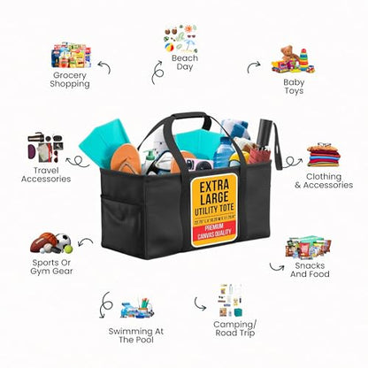 Extra Large Utility Tote Bag - Oversized Collapsible Large Beach Bag, Great for Pool with Sturdy Frame, Extra Side Pockets and Tons of Storage