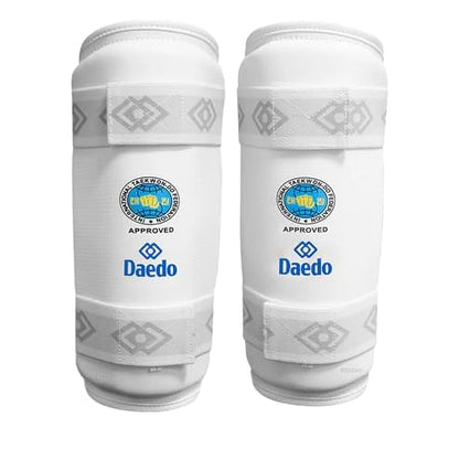 Daedo ITF Approved White Shin Guards – Martial Arts Leg Protectors – Lightweight Guards with Straps for Training - size: Medium