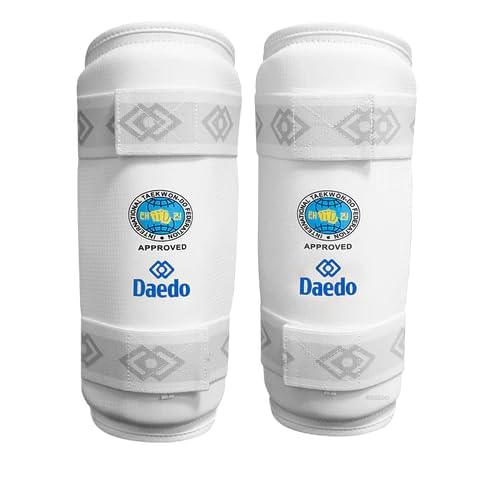 Daedo ITF Approved White Shin Guards – Martial Arts Leg Protectors – Lightweight Guards with Straps for Training - size: X-Large