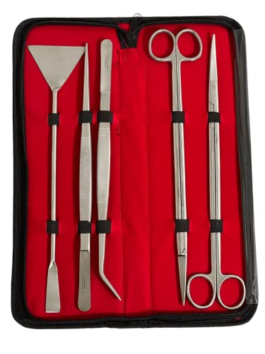 GERMAN FISH AQUARIUM CLEANING KIT STAINLESS 5PCS WITH POUCH BASIC TOOLS SCISSORS TWEEZERS SPATULA CYNAMED