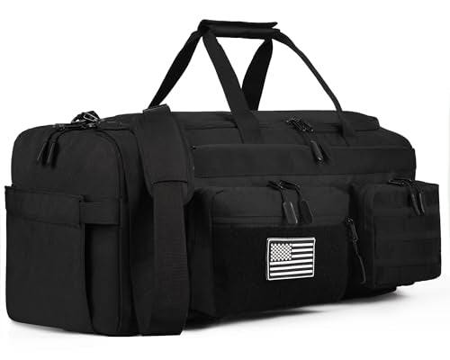 LHI 50L Tactical Duffle Bag for Men, 3-in-1 Gym Duffle and Backpack, Shoe Compartment, Laptop Sleeve and MOLLE, Carry-On Travel Weekender and Overnight Bag – Black - color: Black